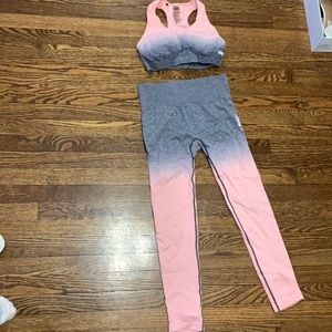 Gym shark sports bra and pants. Pink/grey ombré. Size M.
